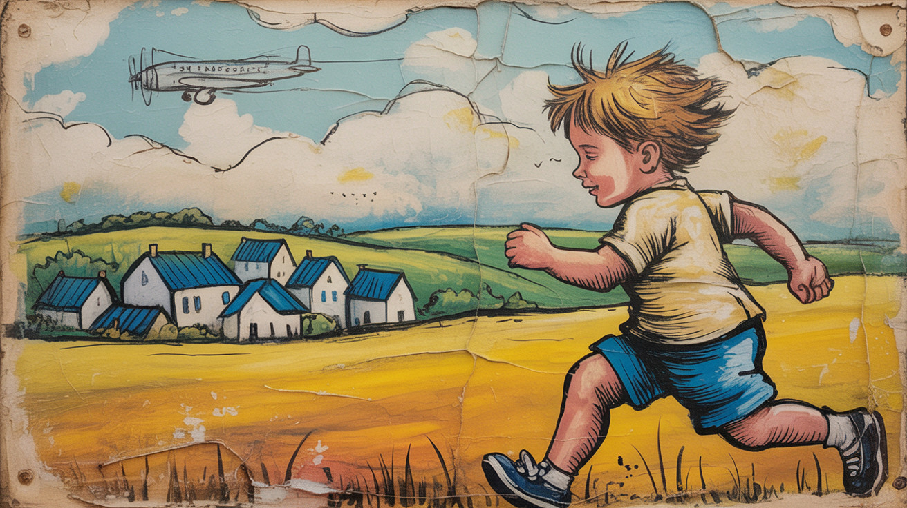 Cheerful Boy in Sunny Landscape with Village and Plane