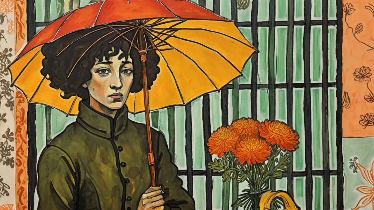 Woman with Umbrella in Dark Green Coat and Flowers