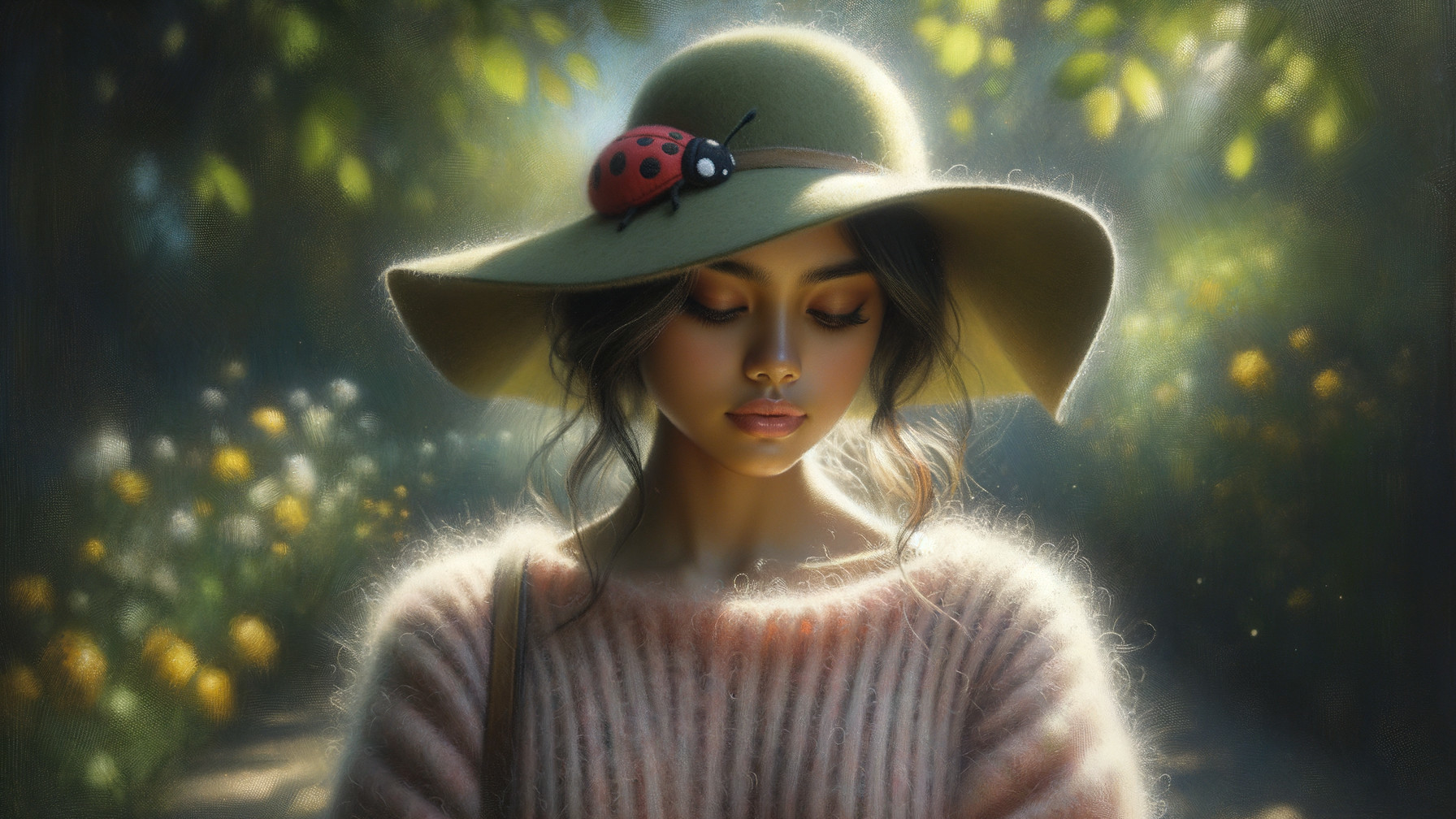 Young Woman in Dreamy Garden with Vibrant Blooms