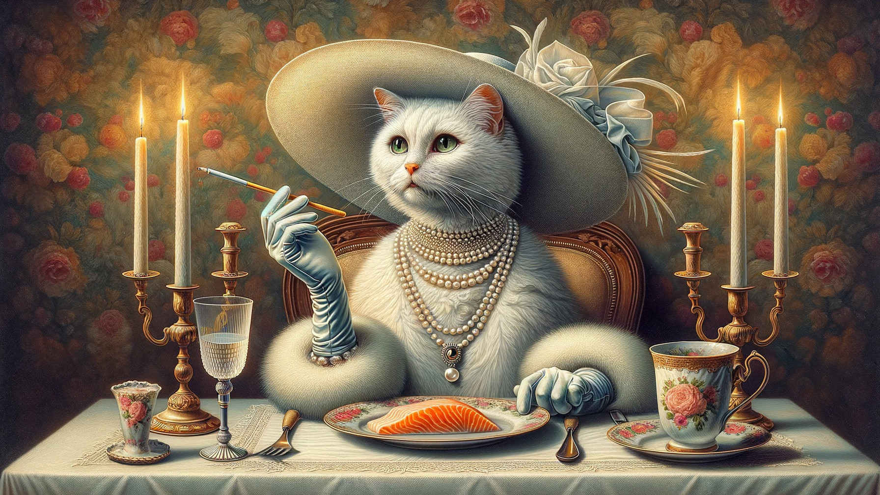 Elegant white cat at a lavish dining table setting