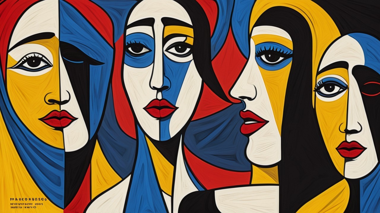 Abstract Composition of Four Stylized Female Faces