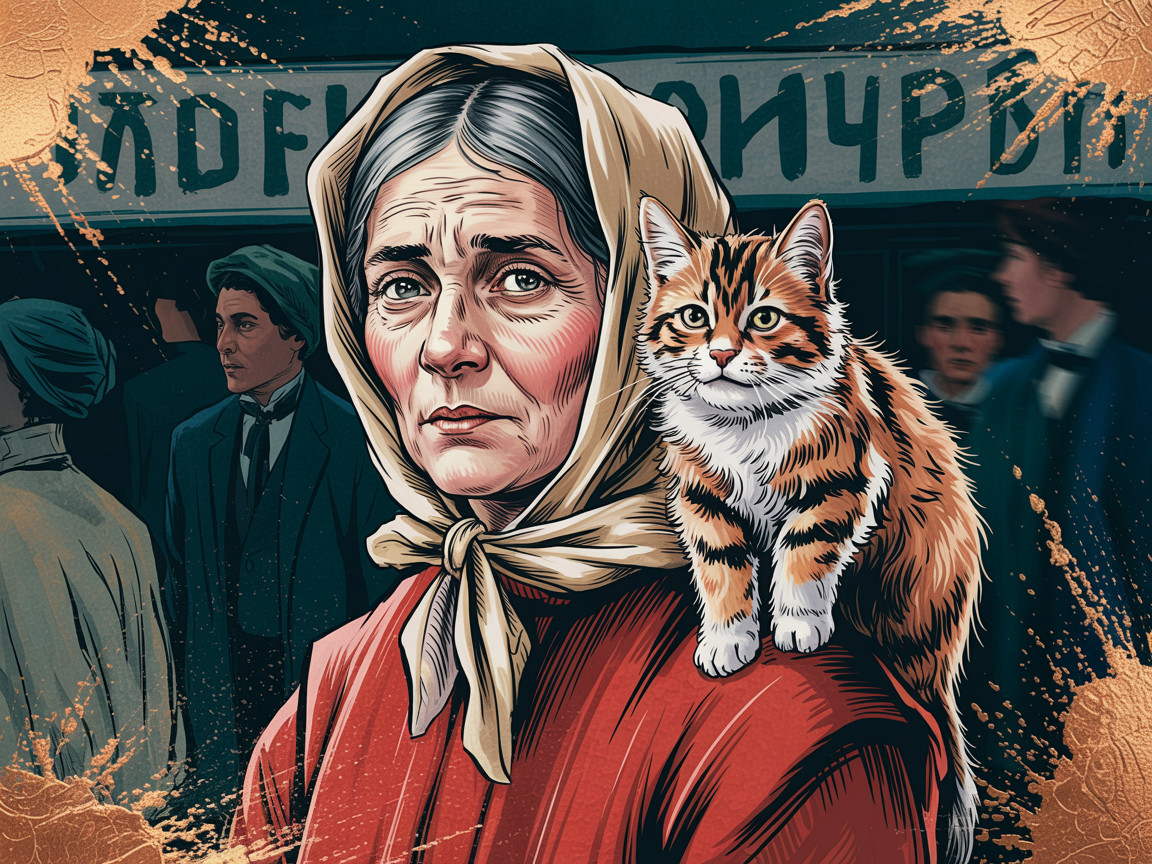 Somber Woman with Cat in Painterly Realism Style