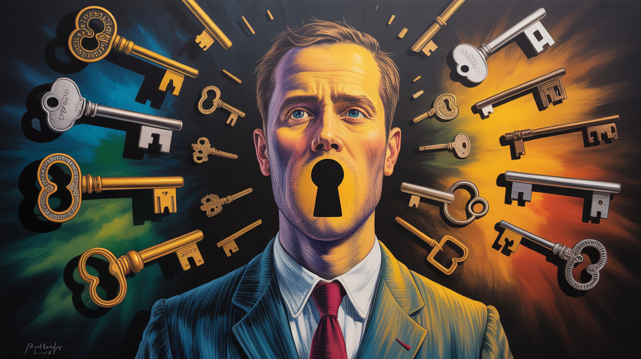 Man in Suit with Keyhole Mouth and Surrounding Keys