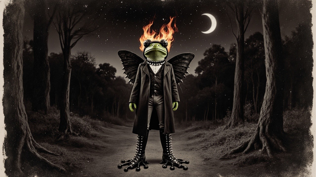 Whimsical Frog in Gothic Outfit in Enchanted Forest