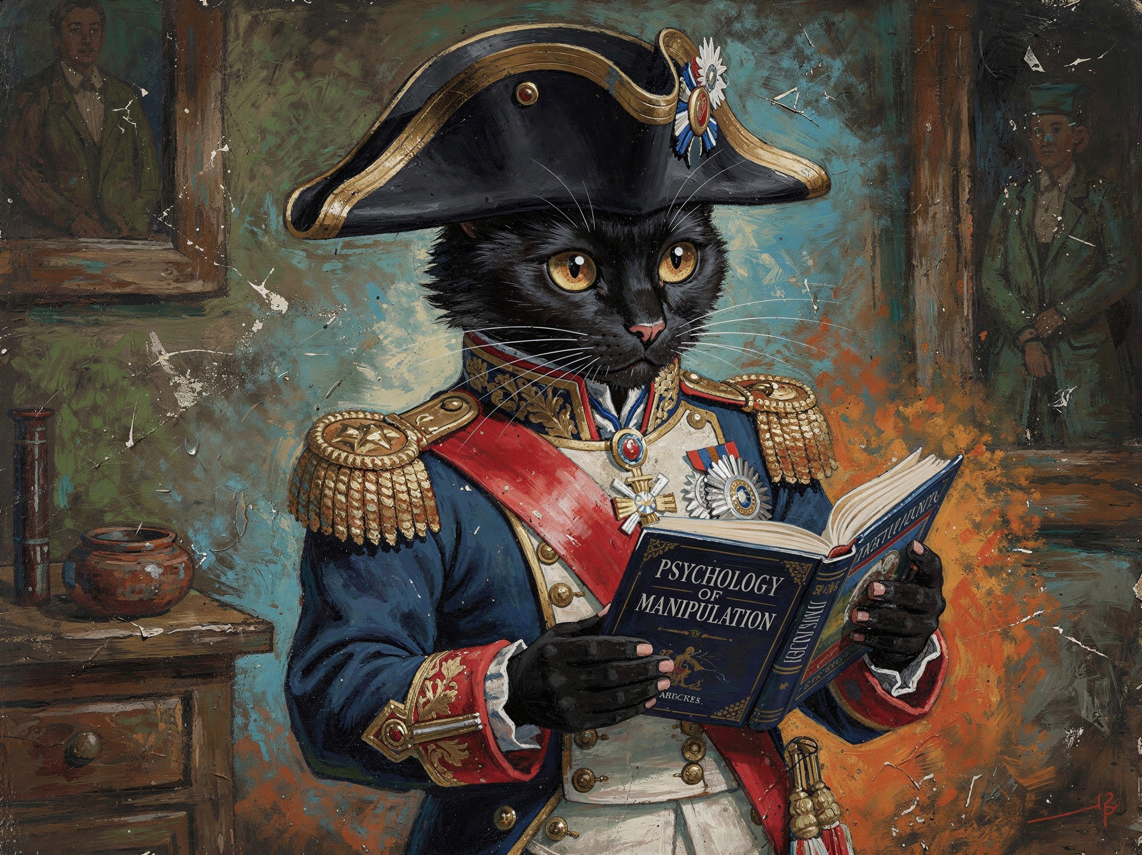 Photorealistic oil painting of a cat in military uniform