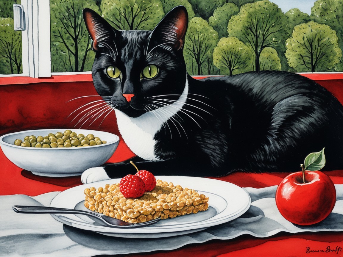 Black and white cat on red tablecloth with food items