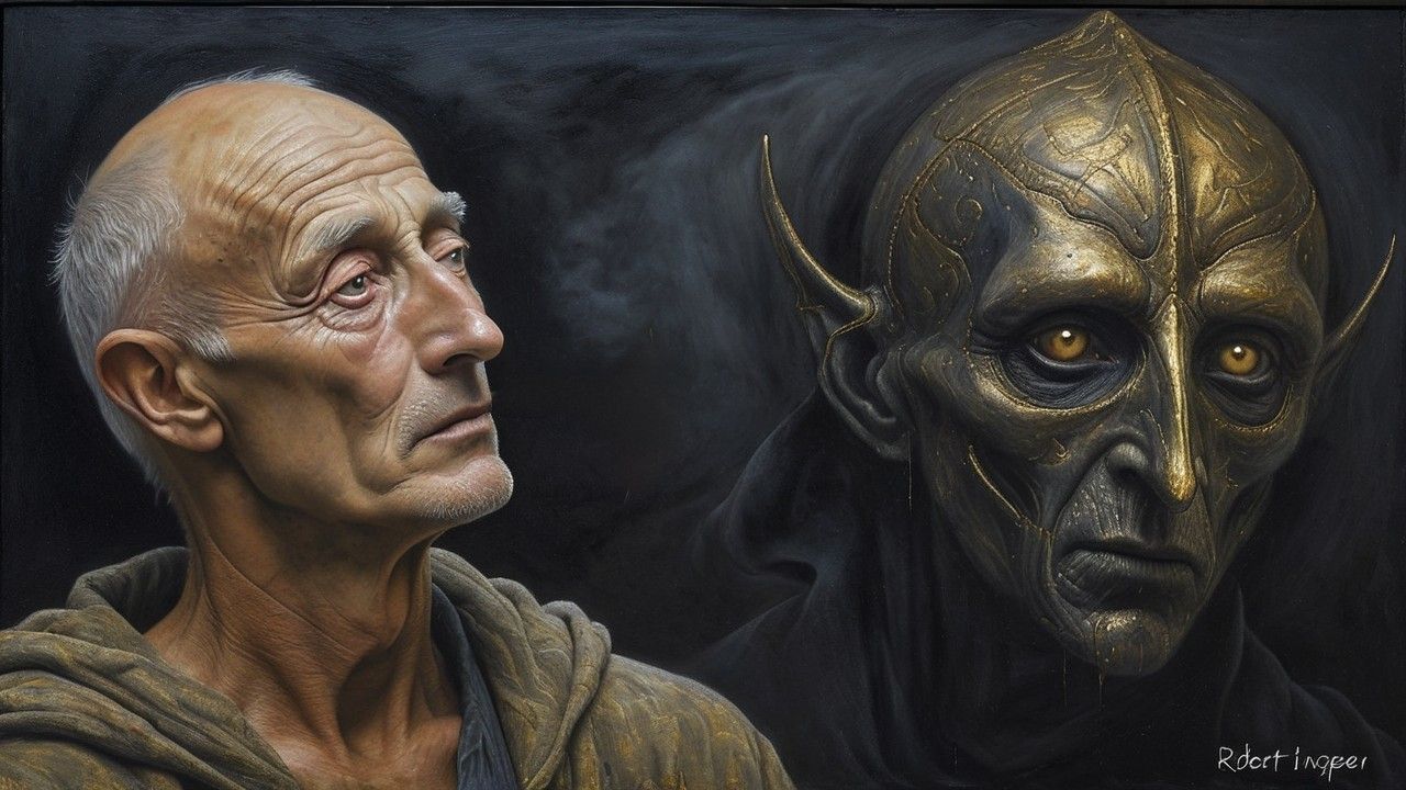 Elderly Man and Mystical Figure in Dark Portrait