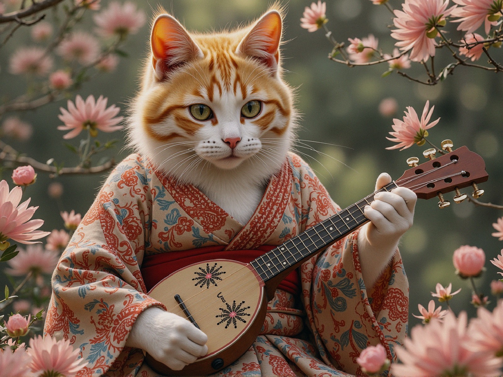 Cat in Kimono Amidst Pink Flowers with Ukulele