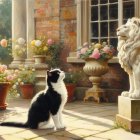 Tuxedo Cat on Patio with Lion Statue and Plants