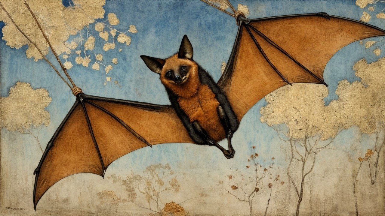 Whimsical Bat Illustration in a Serene Blue Sky
