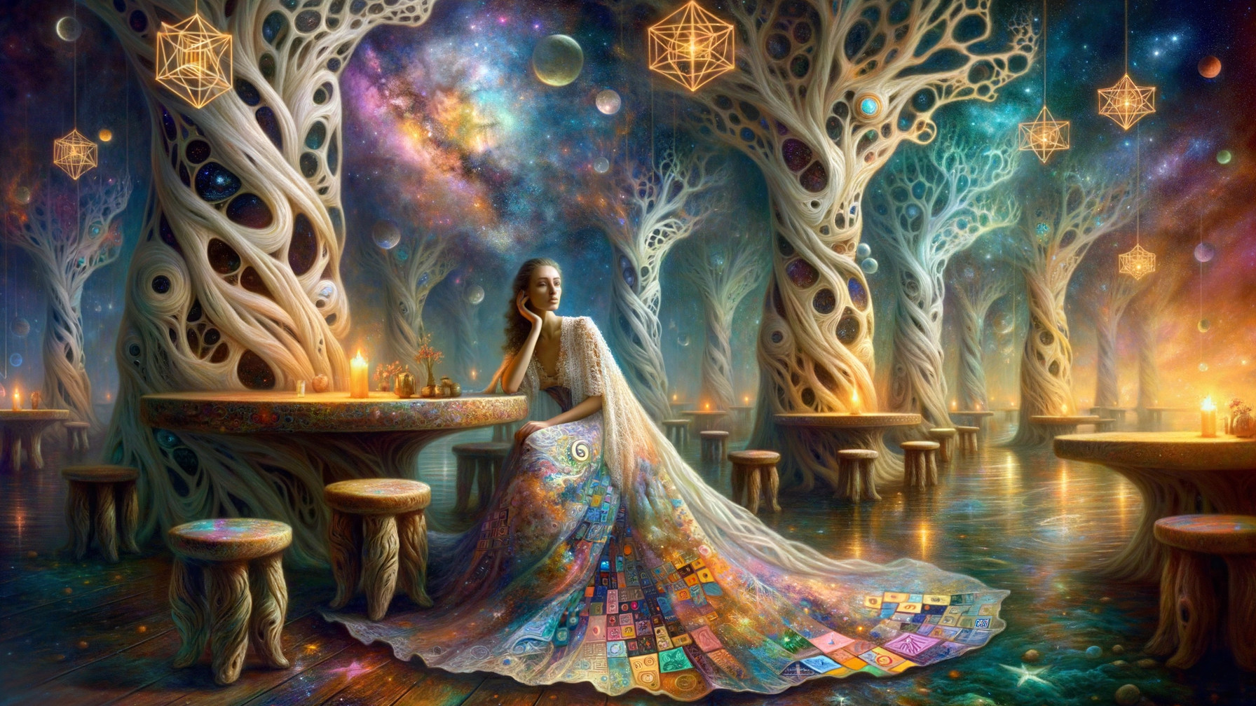 Serene Woman in Colorful Forest with Cosmic Motifs
