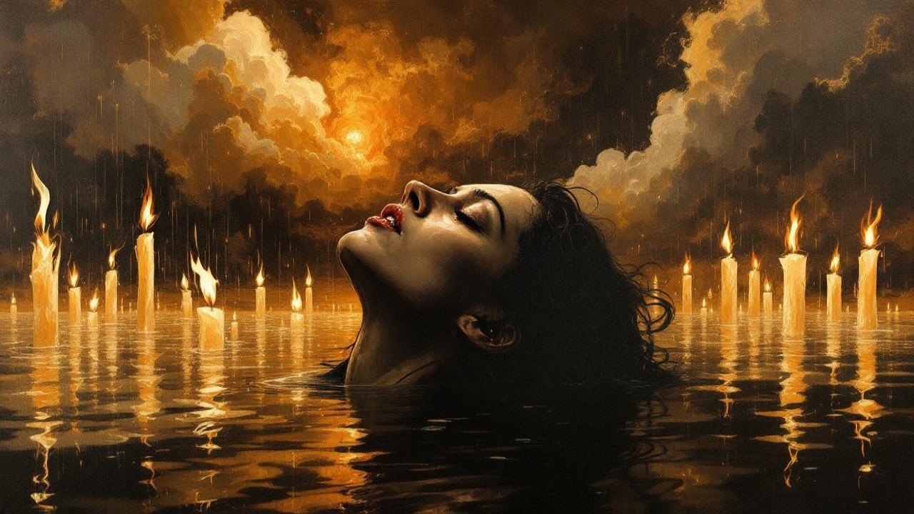 Serene figure in dark water with candlelight glow
