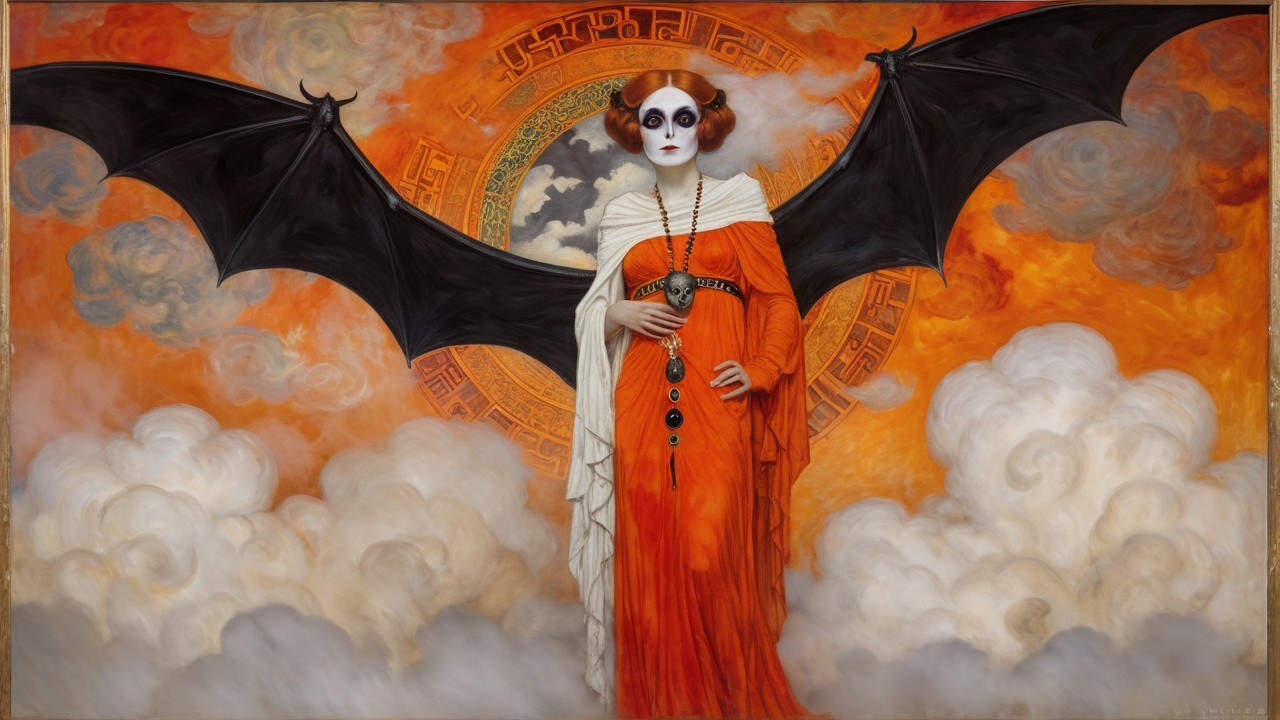 Ethereal Figure in Orange Gown with Bat-Like Wings