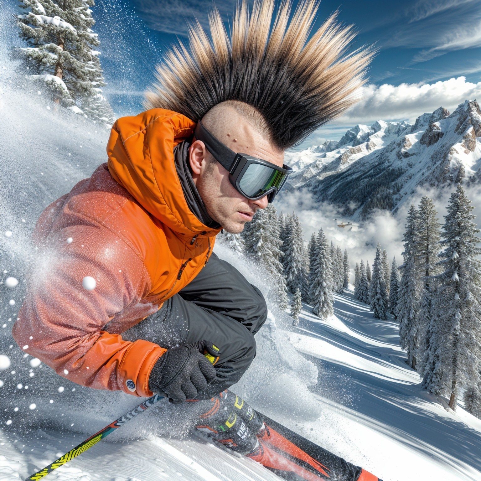 Skier with Mohawk on Snowy Slope in Winter Landscape