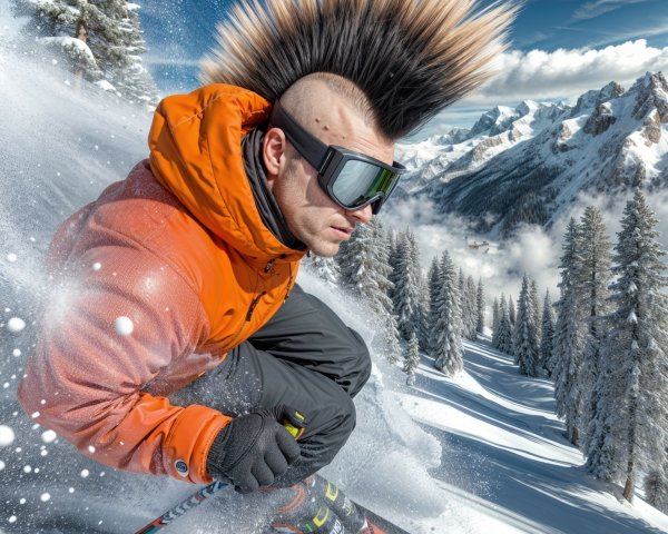Skier with Mohawk on Snowy Slope in Winter Landscape