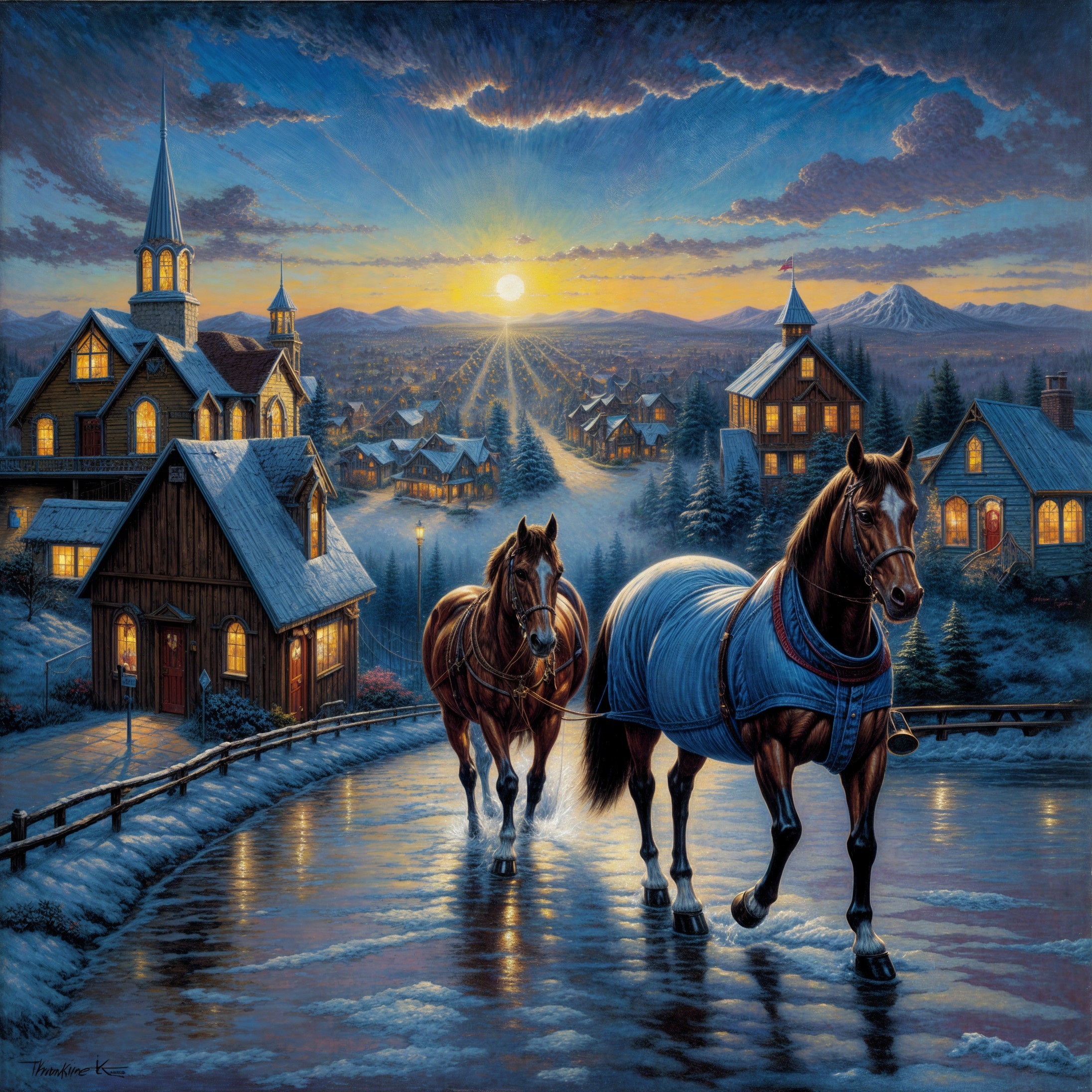 Winter Landscape with Horses and Snowy Village Scene