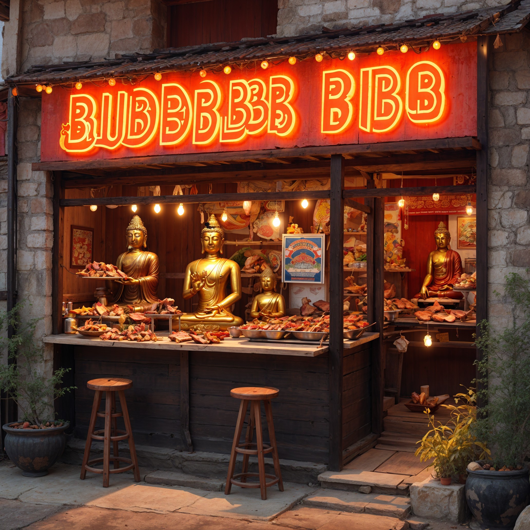 Quaint shop front with warm neon lights and goods
