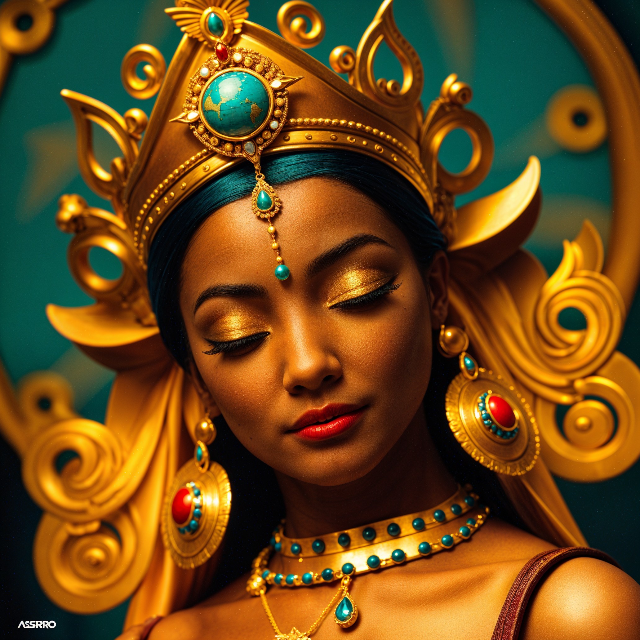 Regal figure with golden crown and turquoise jewelry