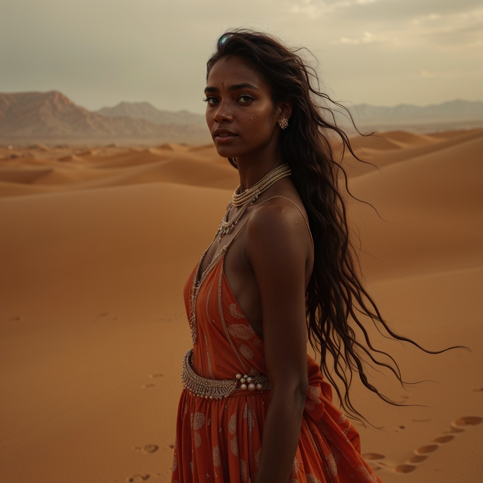 Woman in Desert Landscape with Flowing Dress and Jewelry