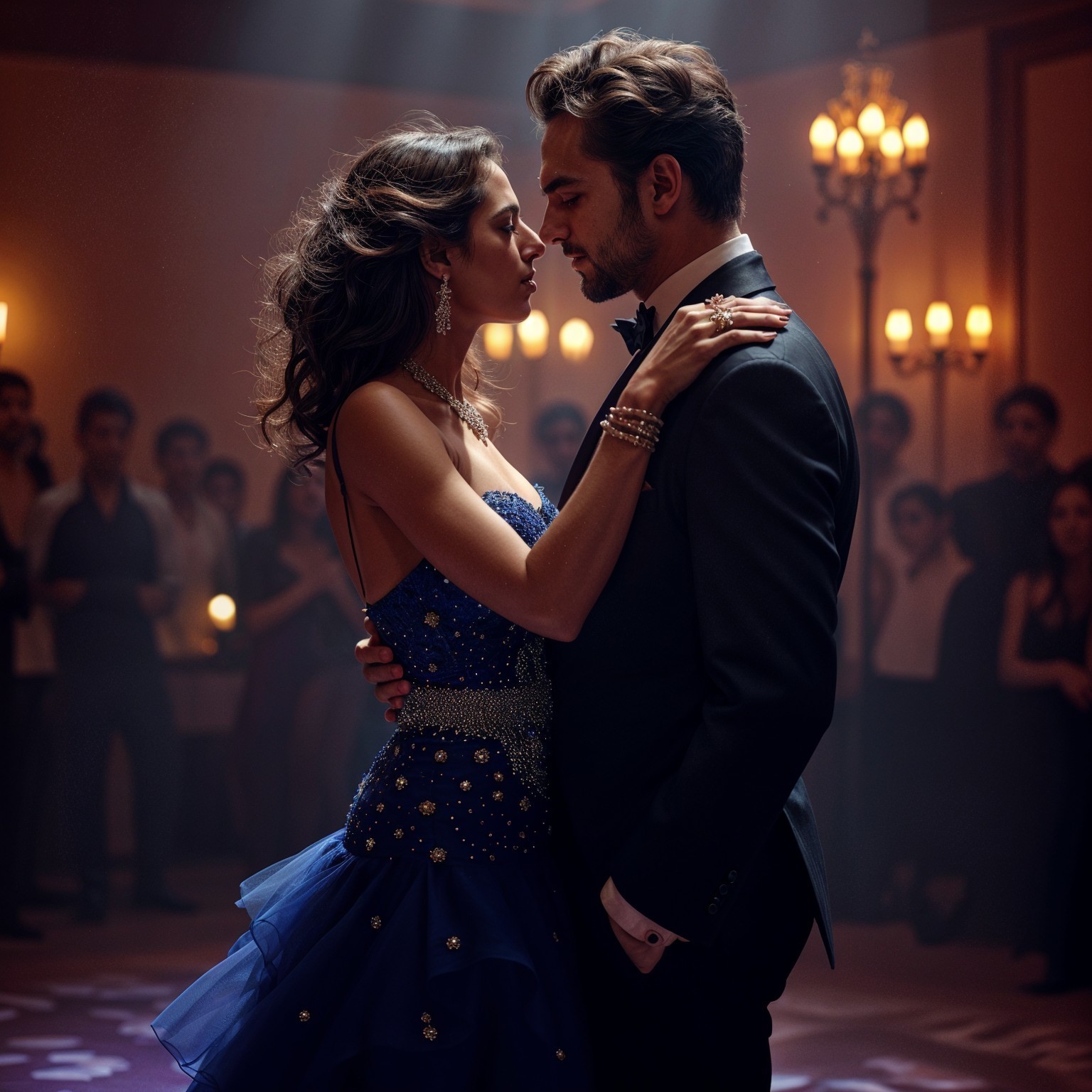 Couple Embracing in Elegant Ballroom Setting