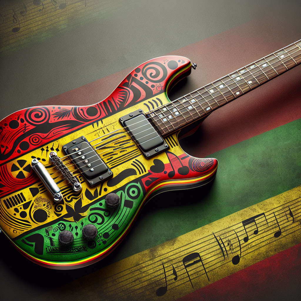 Electric guitar with vibrant reggae-inspired patterns