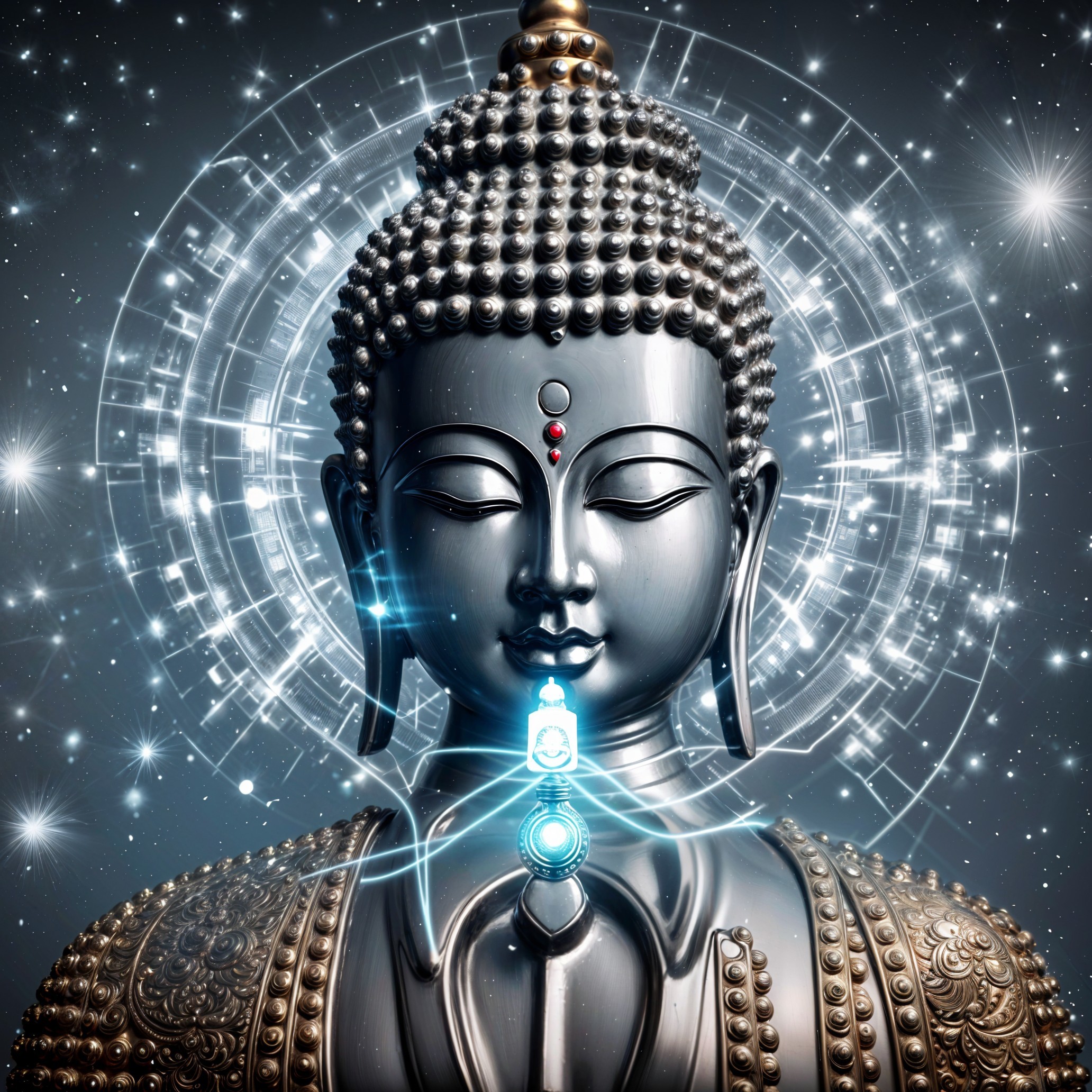 Silver Buddha Statue Against Cosmic Backdrop