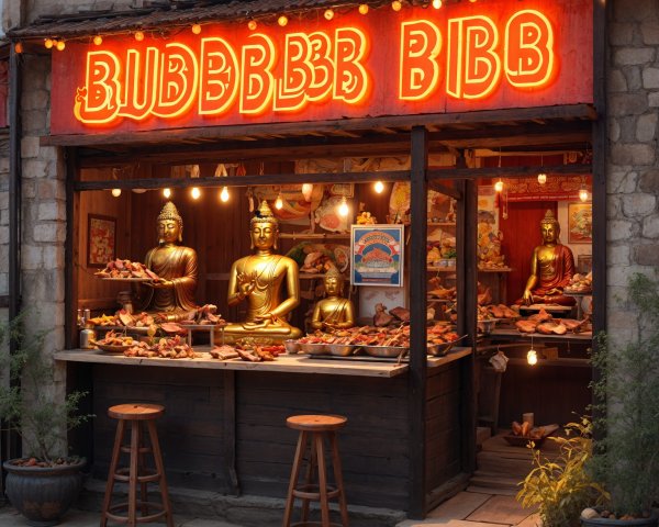 Quaint shop front with warm neon lights and goods