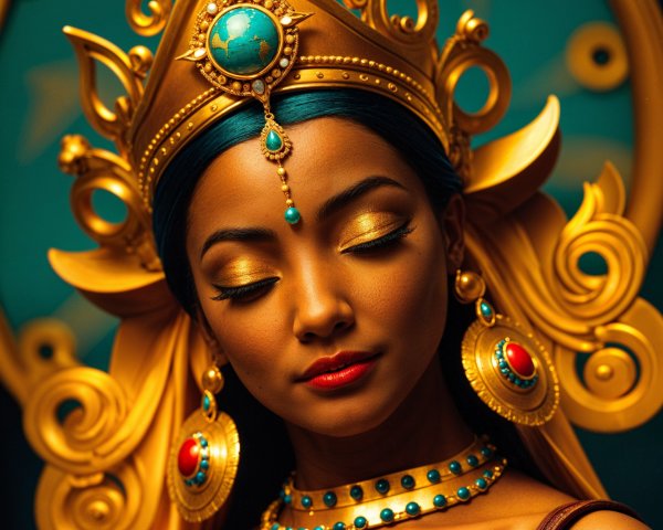 Regal figure with golden crown and turquoise jewelry