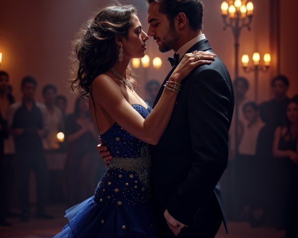 Couple Embracing in Elegant Ballroom Setting