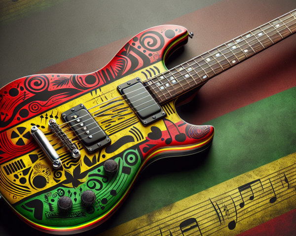 Electric guitar with vibrant reggae-inspired patterns