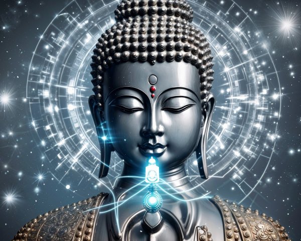 Silver Buddha Statue Against Cosmic Backdrop