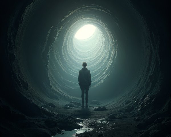 Lone Figure at Dark Cave Entrance with Water Stream