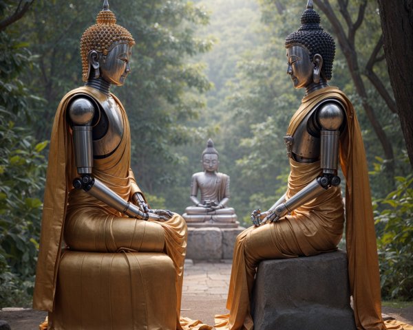 Metallic Buddha Statues in Serene Forest Setting