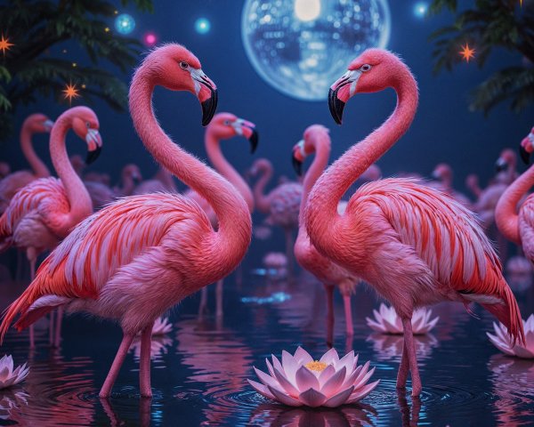 Vibrant Flamingos in a Serene Night Scene