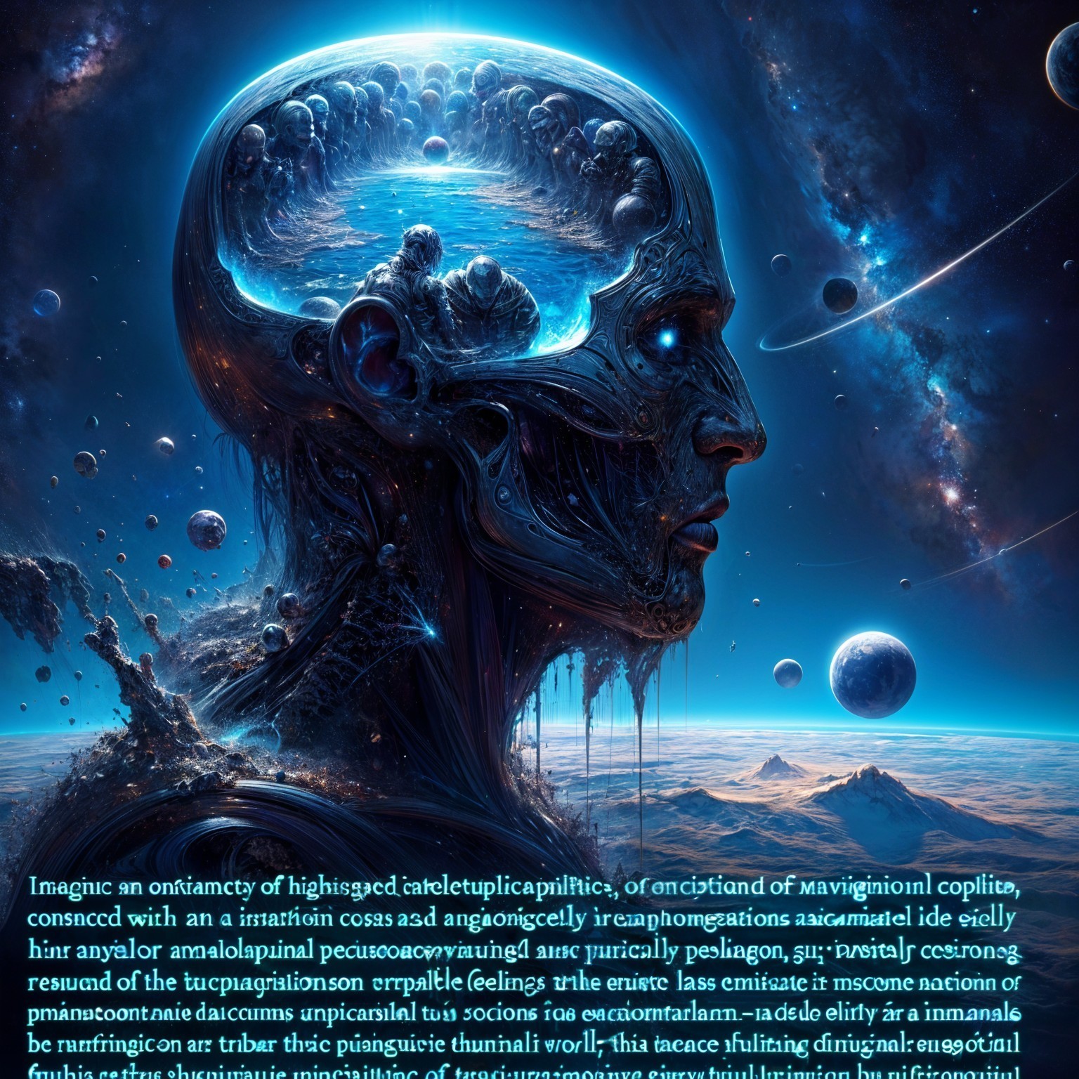 Surreal Human Head with Cosmic and Technological Designs
