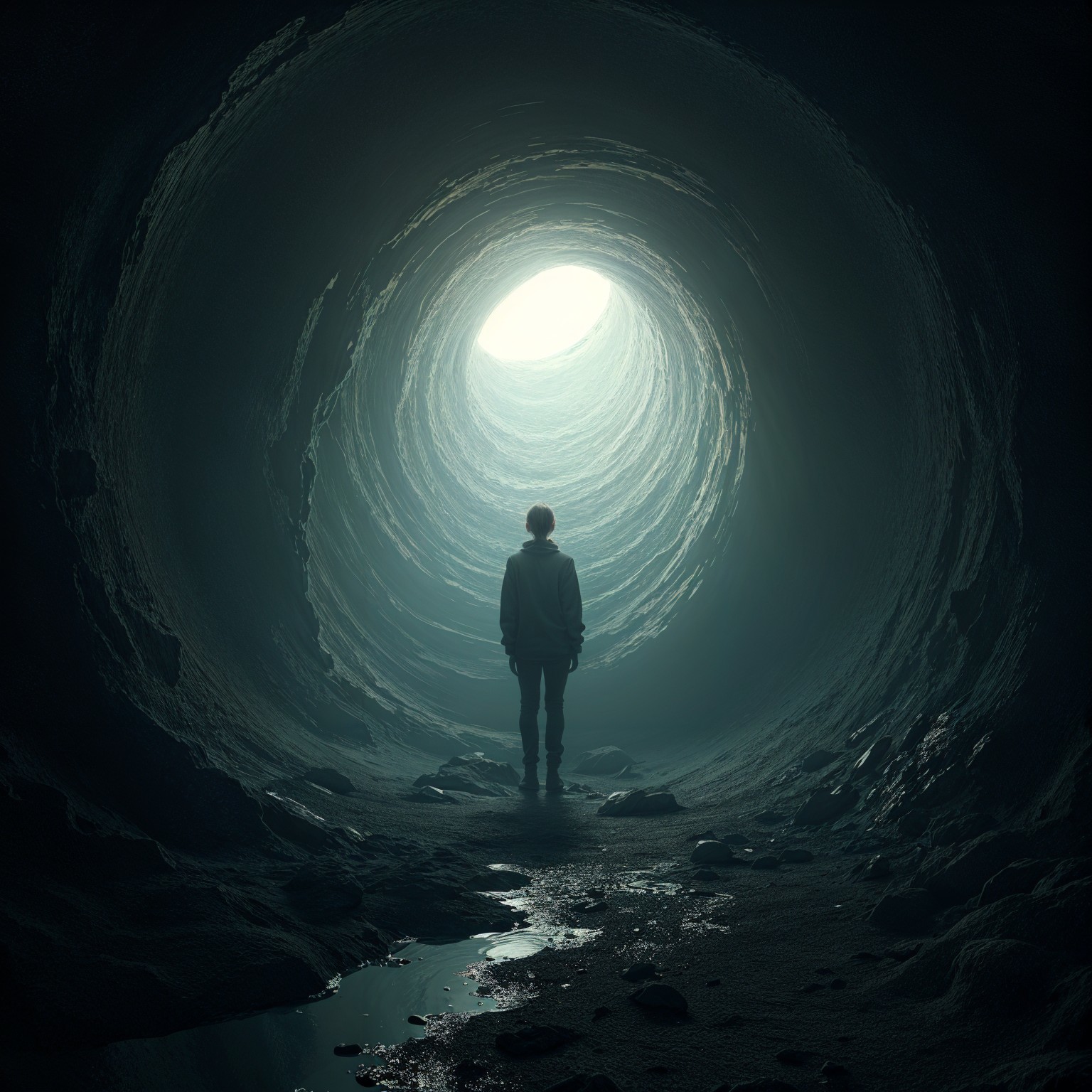 Lone Figure at Dark Cave Entrance with Water Stream