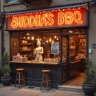 Quaint shop front with warm neon lights and goods