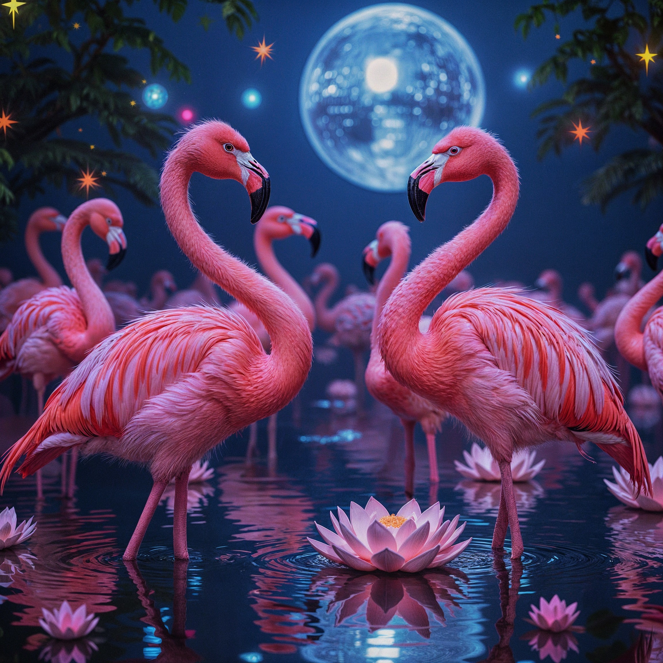 Vibrant Flamingos in a Serene Night Scene