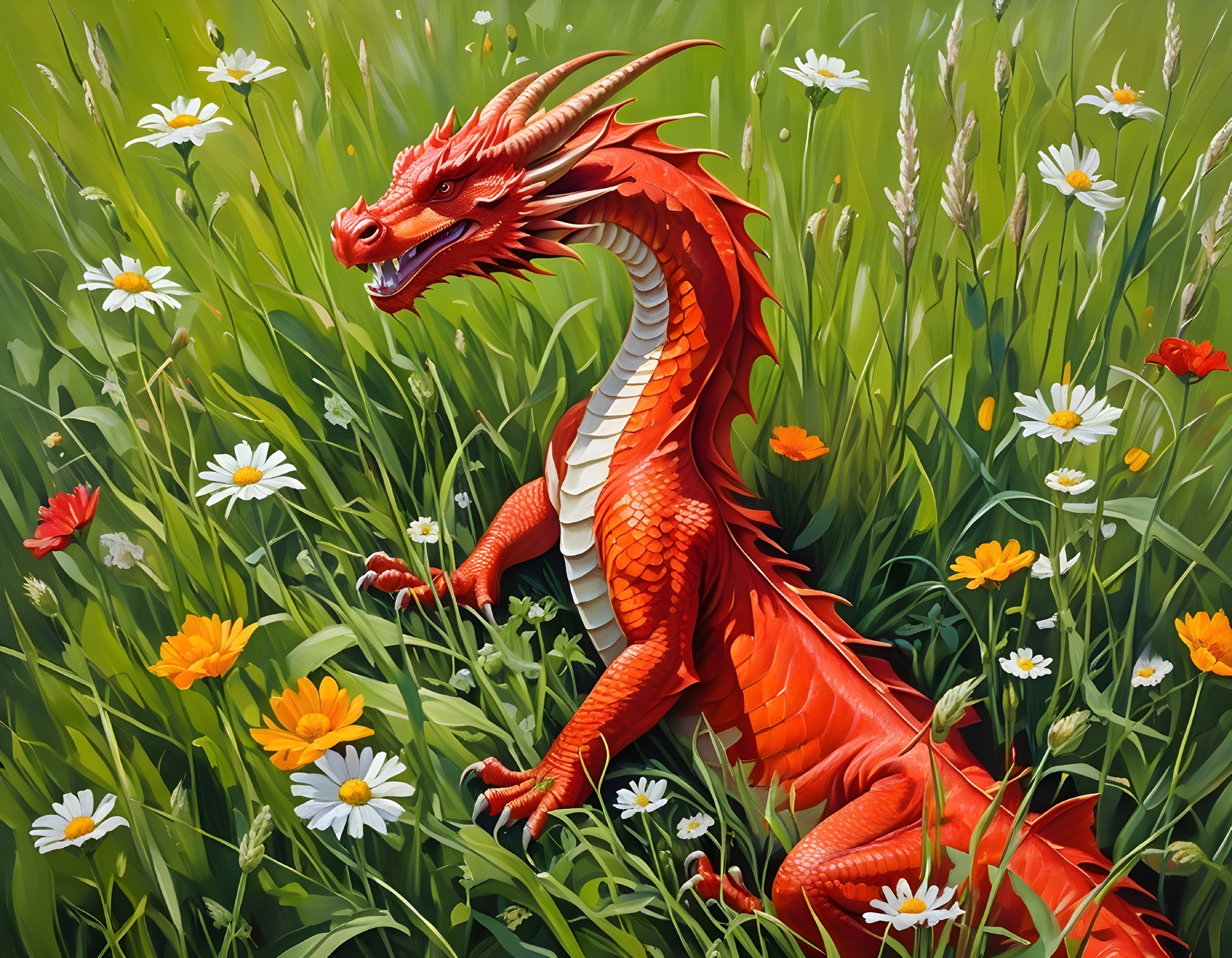 Red Dragon in a Colorful Flower Field