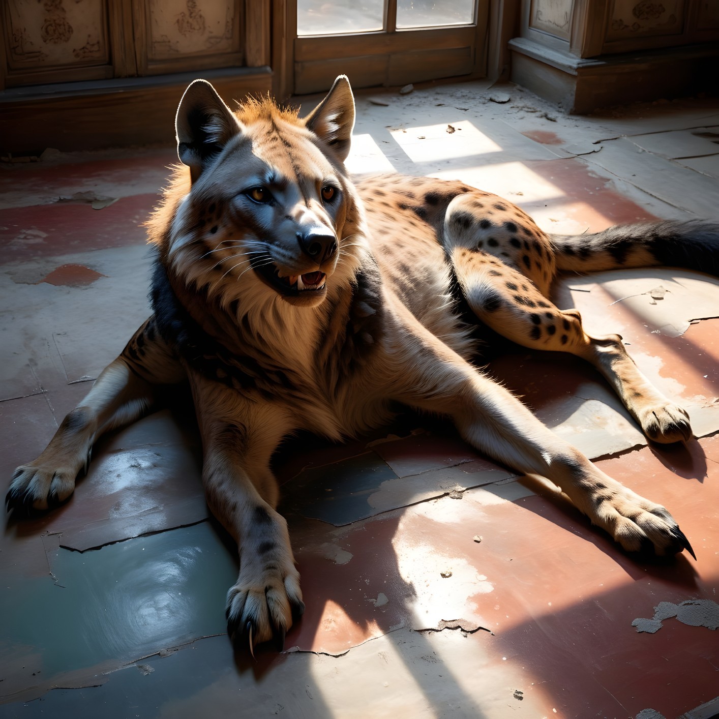 Hyena-Wolf Hybrid in Sunlit Abandoned Room