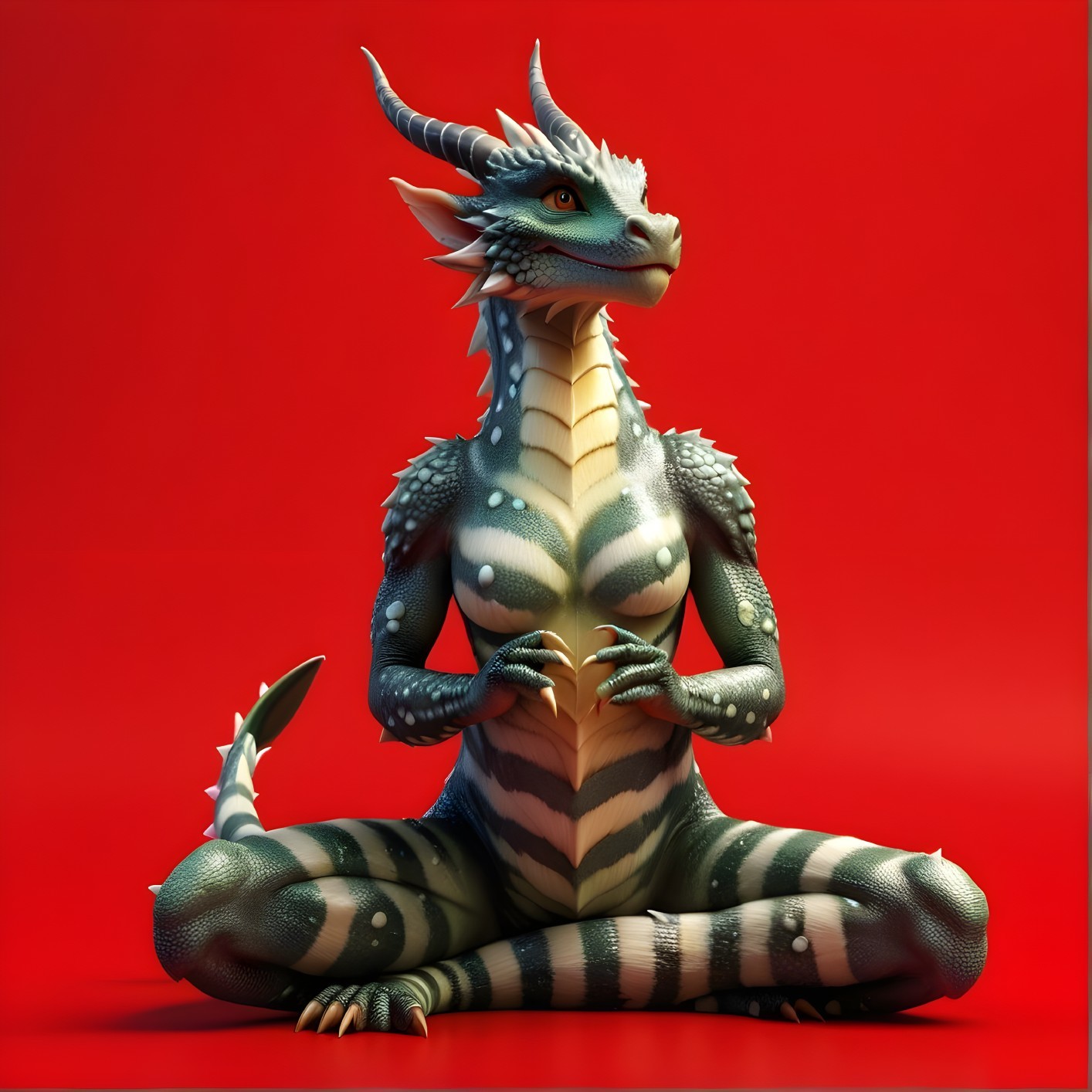 Anthropomorphic dragon figure in meditative pose