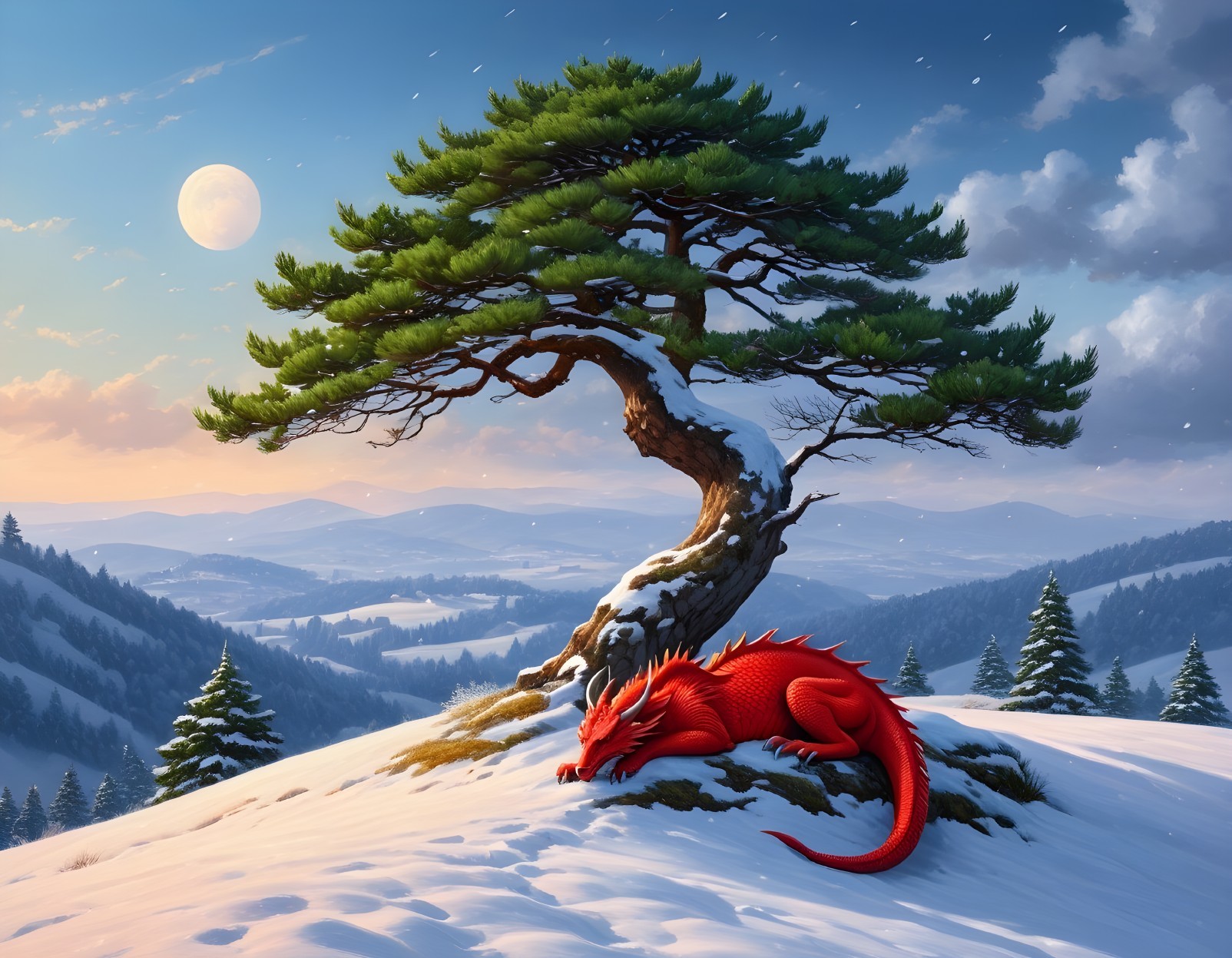 Red Dragon in Snowy Landscape Under Moonlight