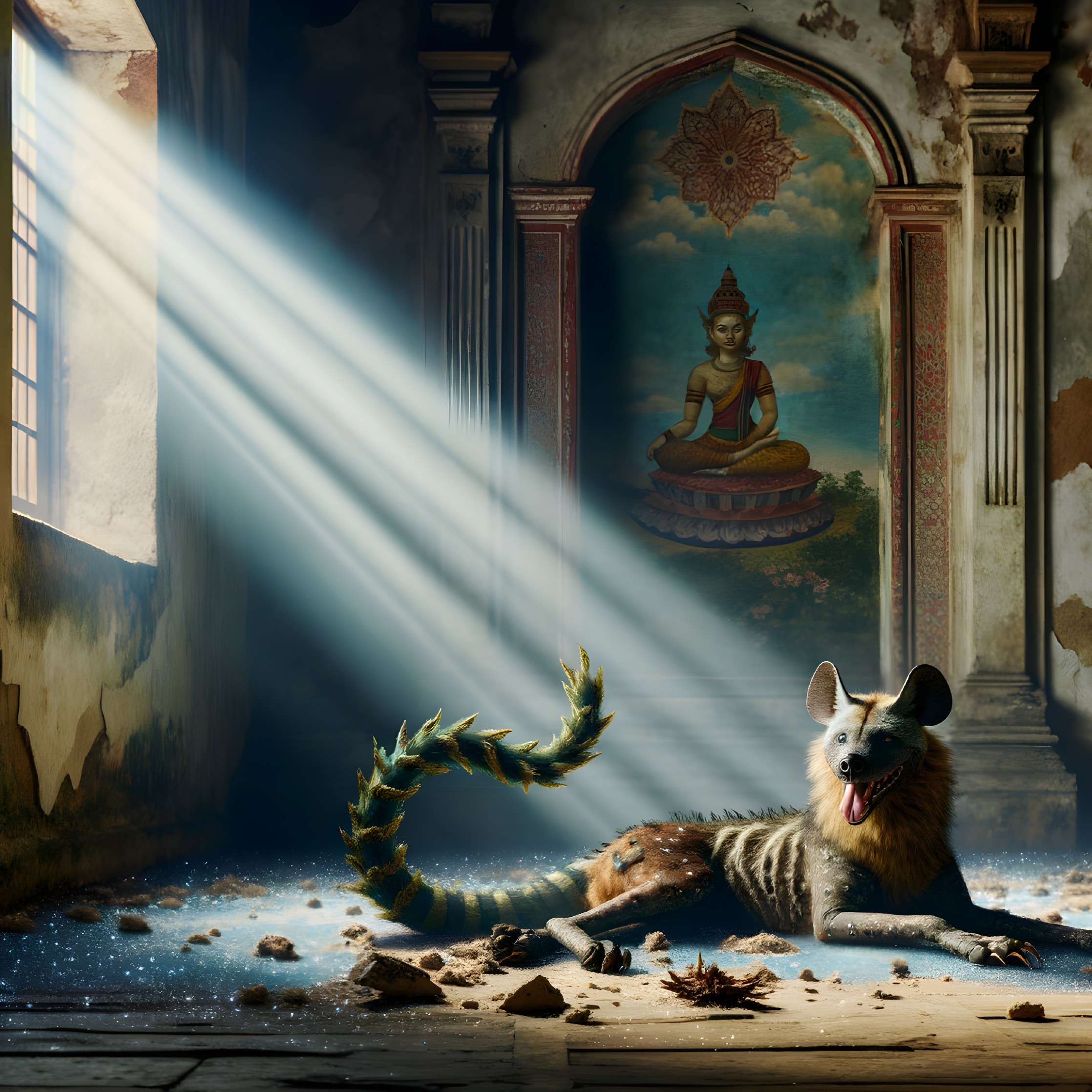 Buddhist Mural and Hybrid Creature in Dim Room