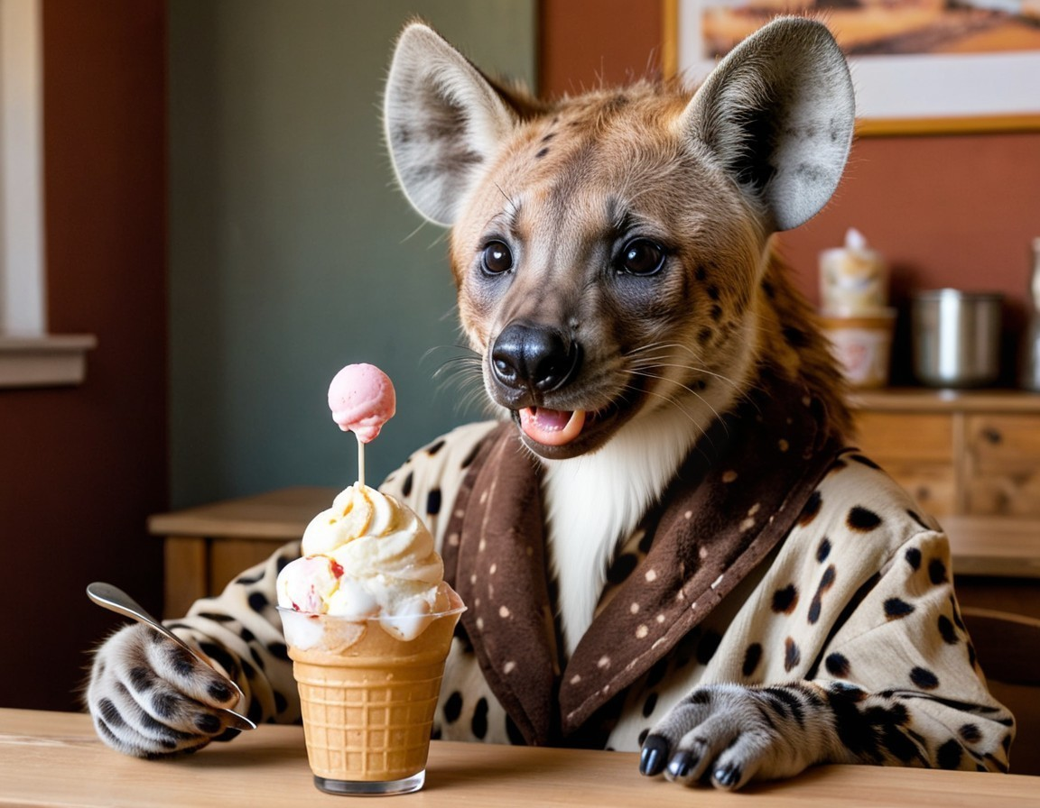 Hyena in Cozy Setting Enjoying Ice Cream Cone