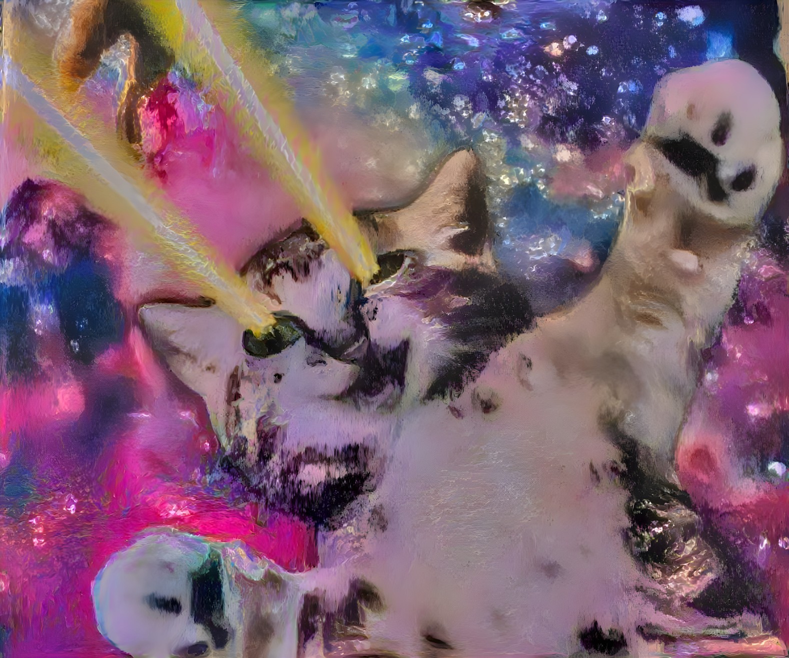 Playful Cat in Vibrant Cosmic Background with Laser Eyes