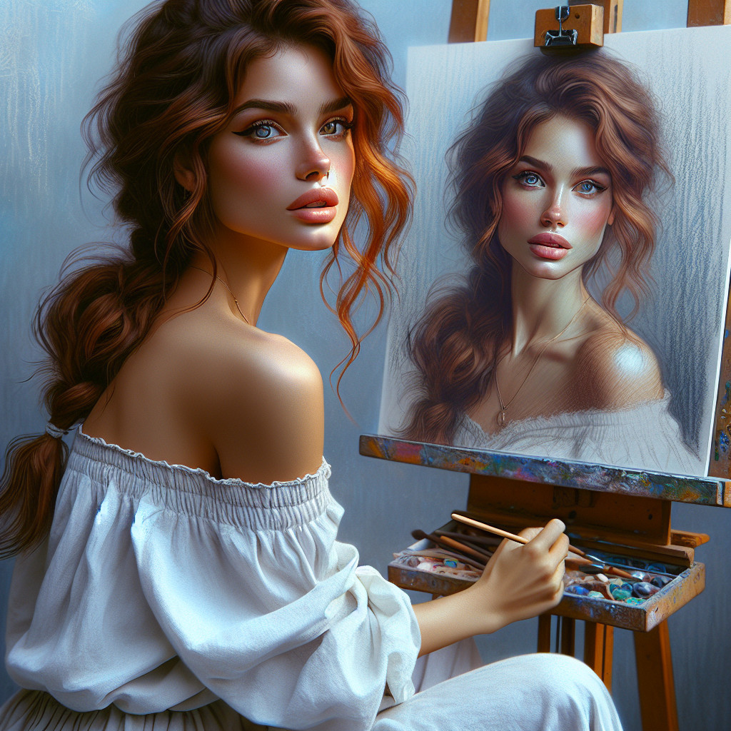 Young Woman Painting Self-Portrait at Easel