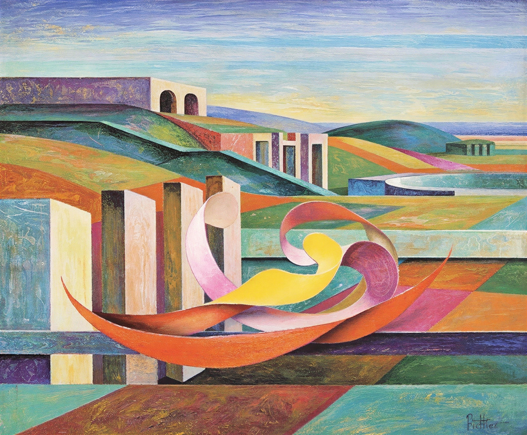Abstract Landscape with Geometric Shapes and Ribbons