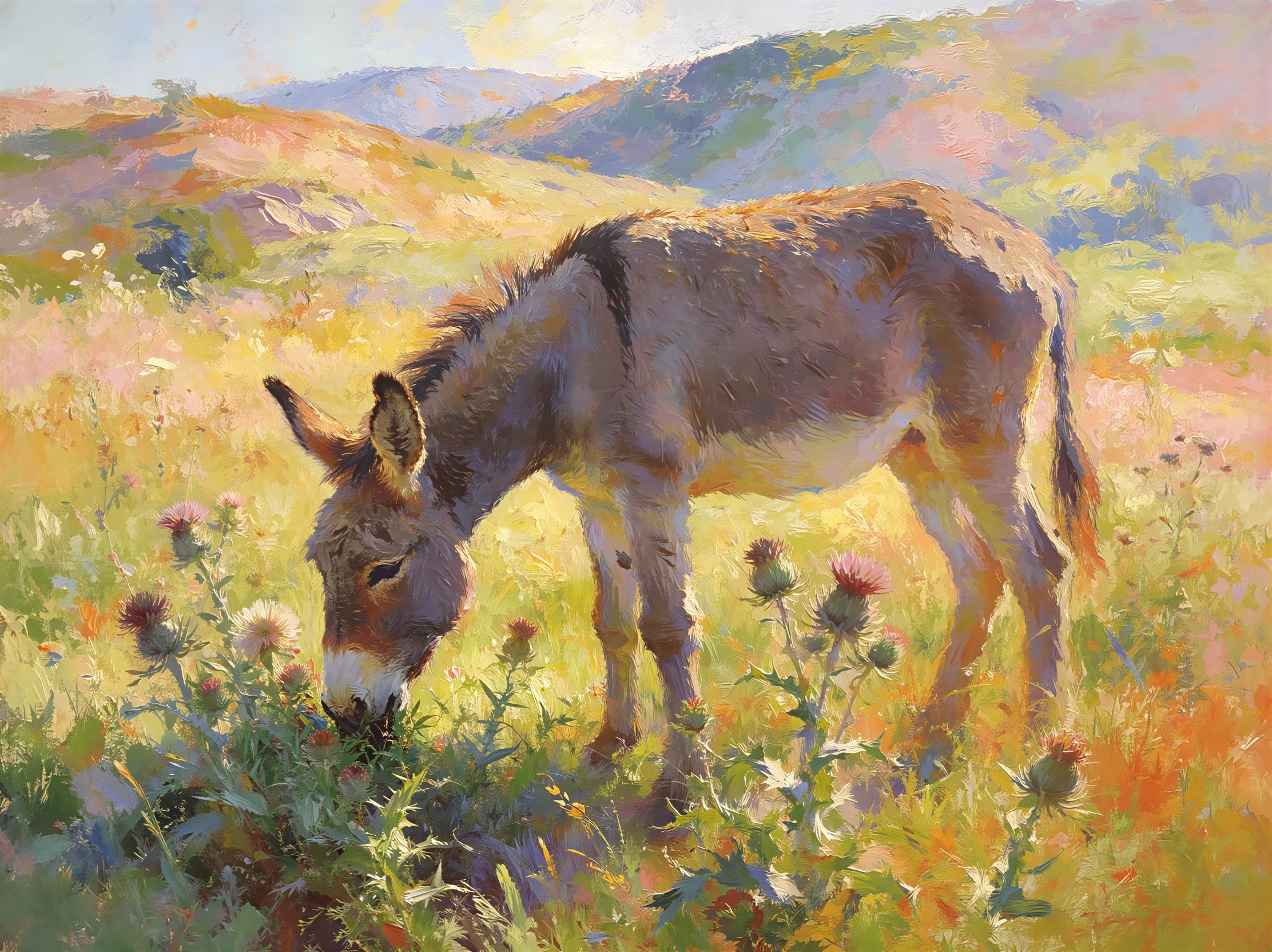 Impressionistic Painting of a Grazing Brown Donkey