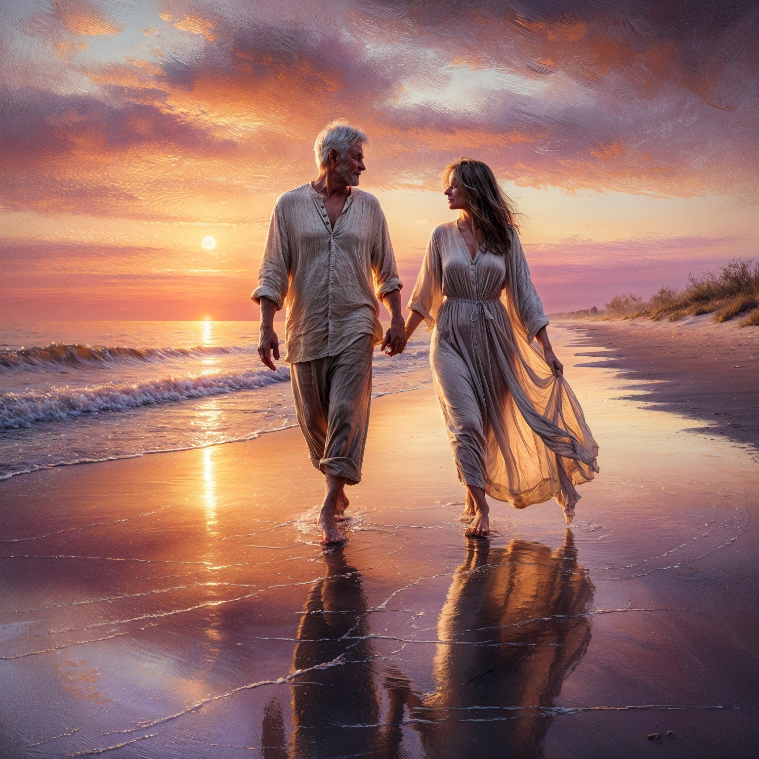 Serene beach sunset with couple walking on shoreline