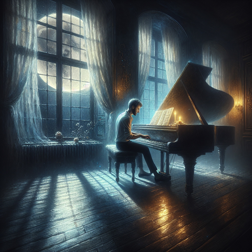 Young man playing haunting melody at grand piano